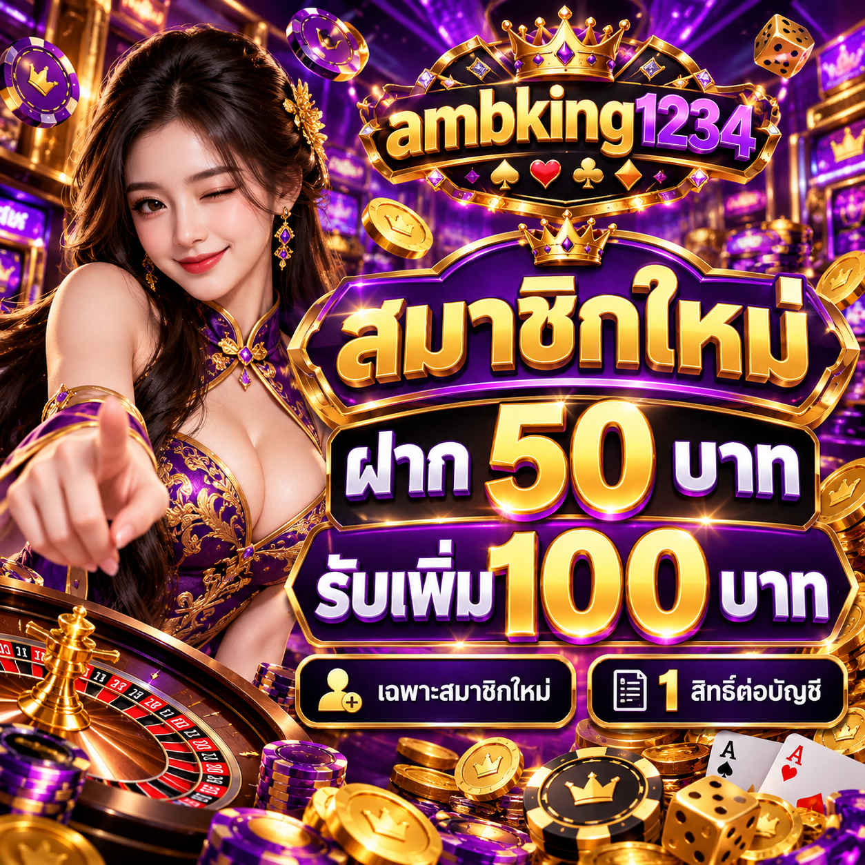 โปรโมชั่น ambking1234 สมาชิกใหม่ ฝาก 50 บาท รับเพิ่ม 100 บาท